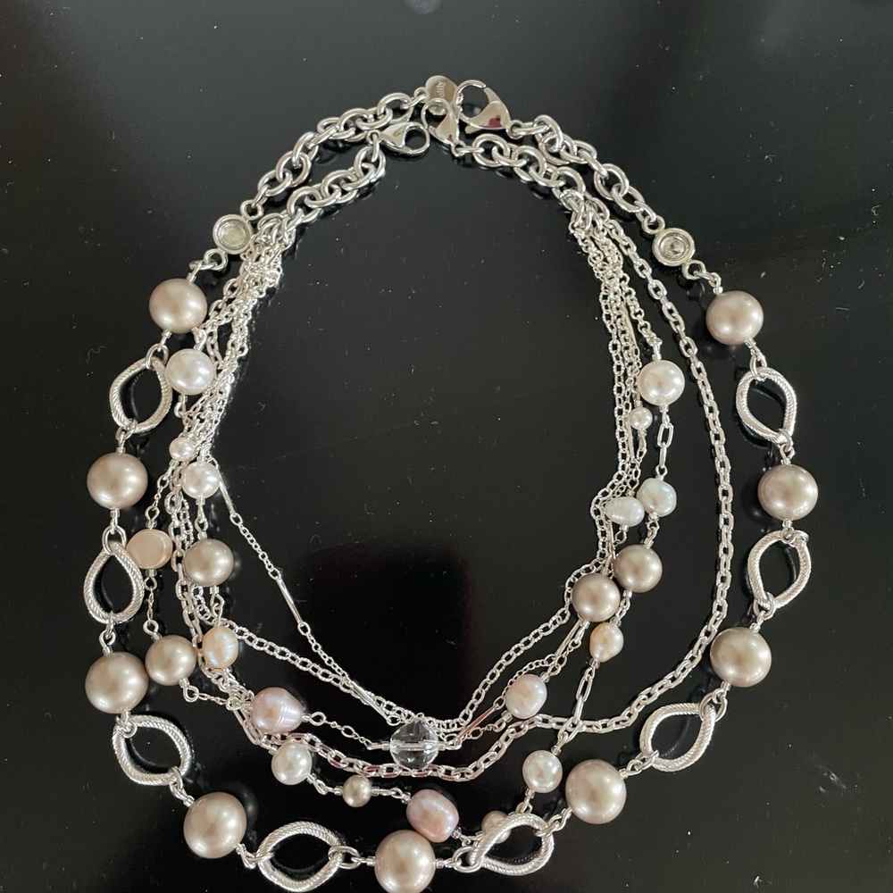 Cream and Silver Layered Necklace with Infinity Links